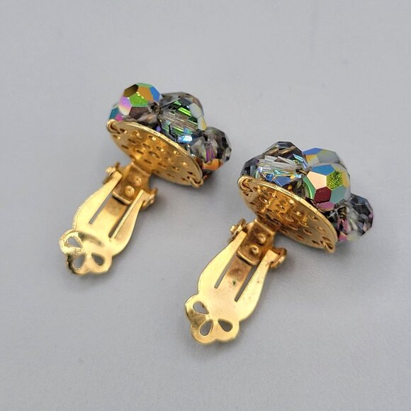 Colorful AB Aurora Borealis Beaded Small Clip On Earrings Gold Tone Vtg - Picture 5 of 6
